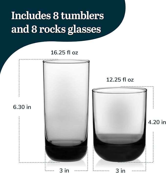 Libbey Polaris Tumbler and Rocks Glass Cups Set, Smoke Hue Mixed Drink Glasses - Image 3
