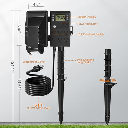 SURAIELEC Outdoor Power Stake, 7-Day Programmable Digital Timer, Power Strip - Image 7