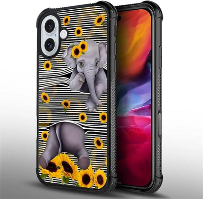for iPhone 16 Plus Case, Cute Little Elephant Sunflower White Line Art Pattern - Image 2