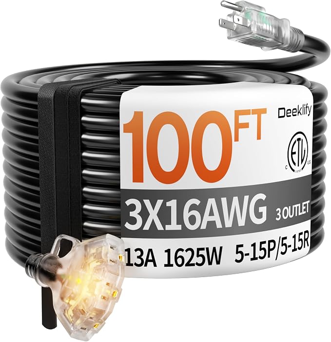 100 ft 16/3 awg 3 Outlet Extension Cord Splitter by Deeklify