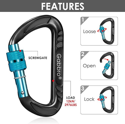 Gabbro Carabiner Clips Heavy Duty 12kN, Wiregate Aluminum Lightweight Caribeener - Image 3