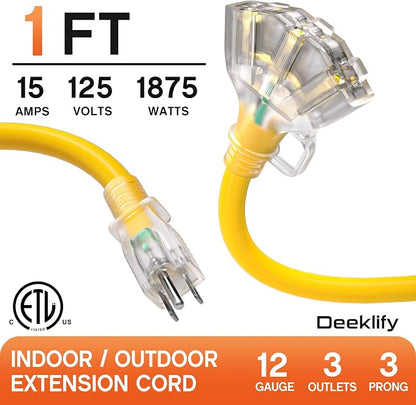 1 ft 12 Gauge Heavy Duty 3 Outlet Extension Cord Splitter - Image 2
