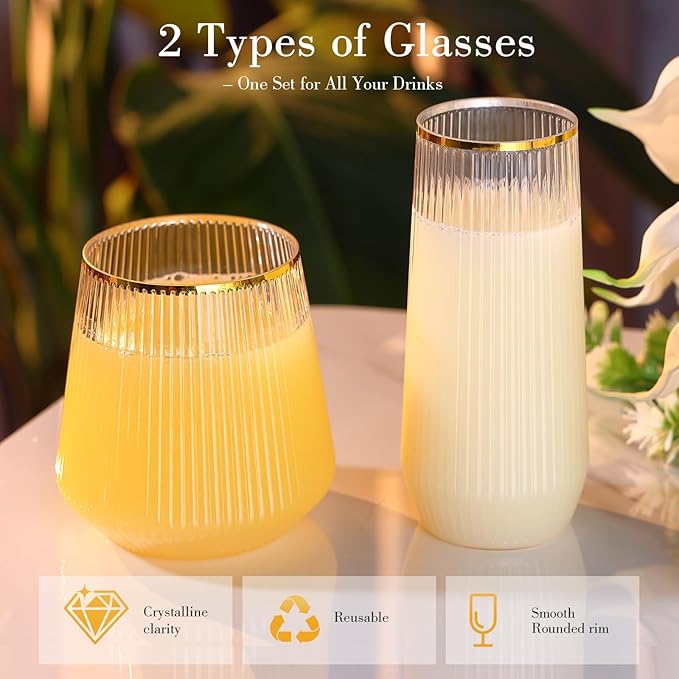 48 Pack Ribbed Plastic Wine Glasses – 24 x 9oz Stemless Champagne Flutes & 24 x - Image 4