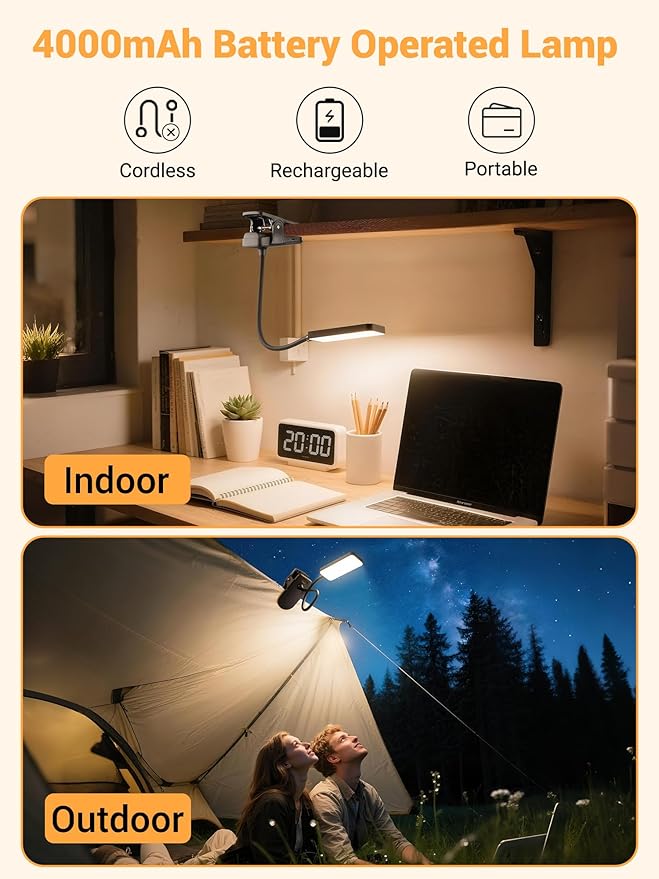 Clip on Light, 9 Brightness+5 Color Rechargeable Desk Lamp, 4000mAh Battery - Image 3