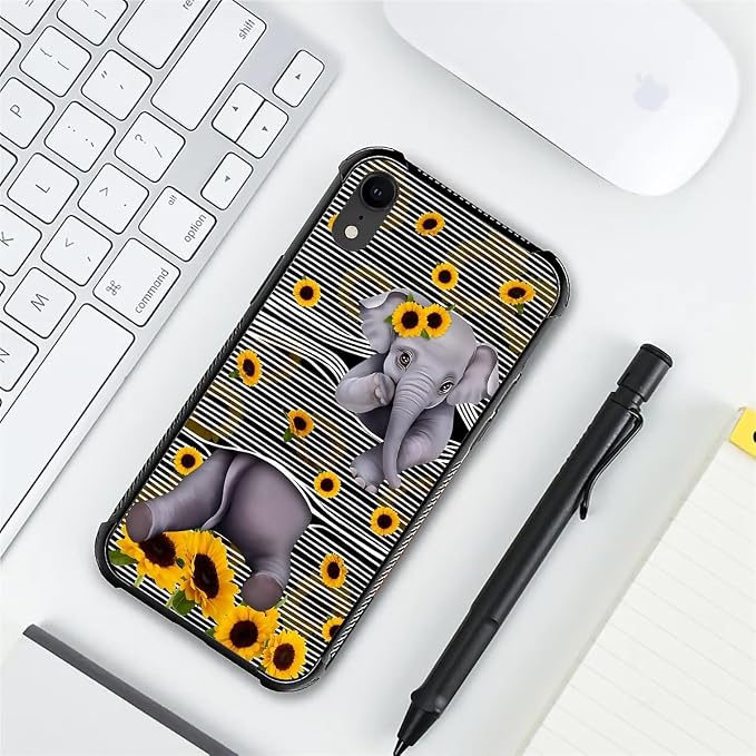 for iPhone XR Case, Cute Little Elephant Sunflower White Line Art Pattern - Image 7