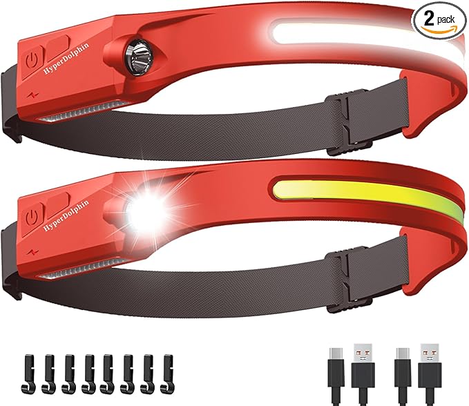 Headlamp Rechargeable LED 230° Wide Beam, USB-C Lightweight Head Lamp, Long by HyperDolphin