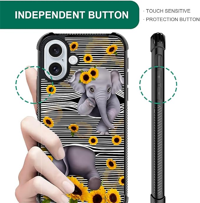 for iPhone 16 Case, Cute Little Elephant Sunflower White Line Art Pattern - Image 5