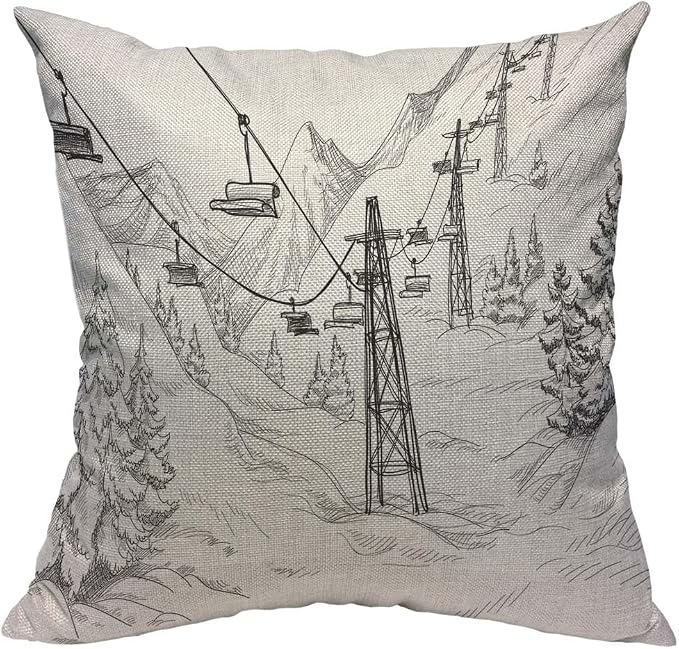 TKS MITLAN Mountain Ski Lift Pillow Cover 18x18 inch Sketch White Wintertime by TKS+MITLAN