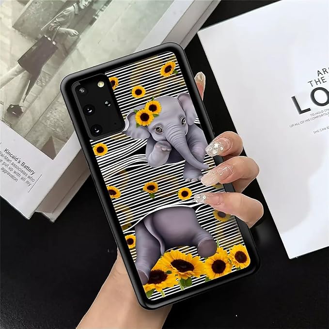 for Samsung Galaxy S20 Plus Case, Cute Little Elephant Sunflower White Line Art - Image 7