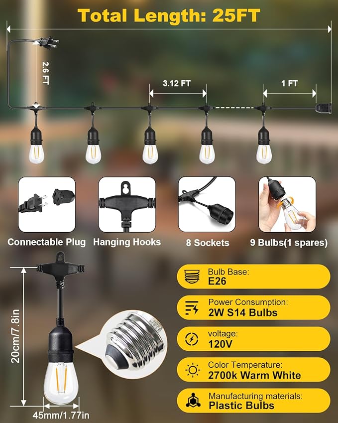 BRIMAX 2W Outdoor String Lights 25FT, Patio Lights Commercial Grade - Image 3