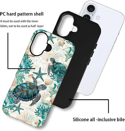 for iPhone 16 Case, HH2 Ocean Sea Turtle Nautical Map Hybrid 2 Layer Hard Shell - Image 3