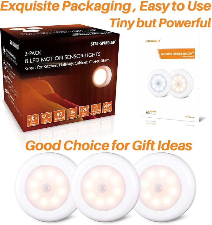 STAR-SPANGLED 3 Pack 3.1” Motion Sensor Lights Indoor AA Battery Operated - Image 8