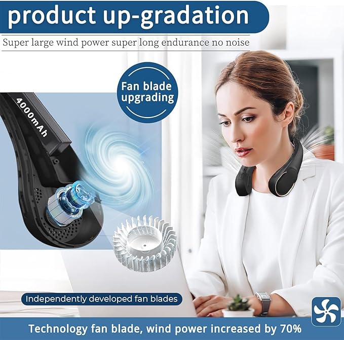 ASNUG Neck Fan, Bladeless Neck Fan, 4000 mAh Rechargeable Personal Fan - Image 2