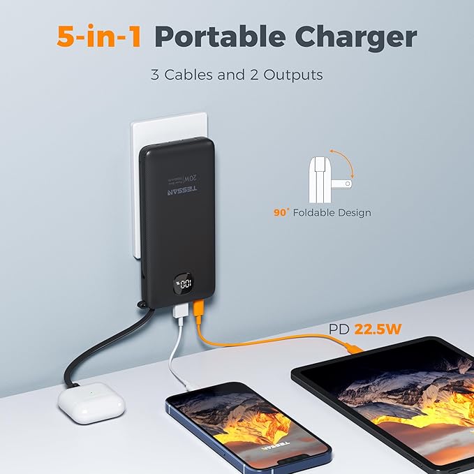 TESSAN Portable Charger with Built in Cables, 10000mAh Power Bank Fast Charging - Image 2