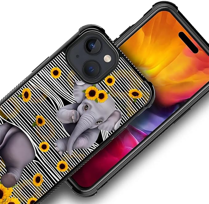 for iPhone 15 Case, Cute Little Elephant Sunflower White Line Art Pattern - Image 3