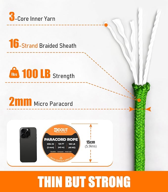 DDOUT 2mm Paracord 100lb, Thin Micro Paracord Rope, FLGreen 125FT Nylon Cord - Image 2