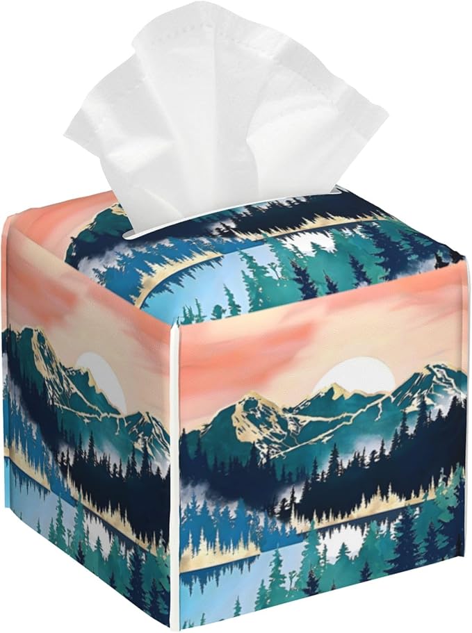 Tissue Box Cover Square, Abstract Mountains and Trees Tissue Box Holder by Unknown