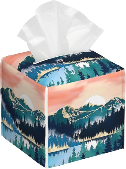 Tissue Box Cover Square, Abstract Mountains and Trees Tissue Box Holder by Unknown