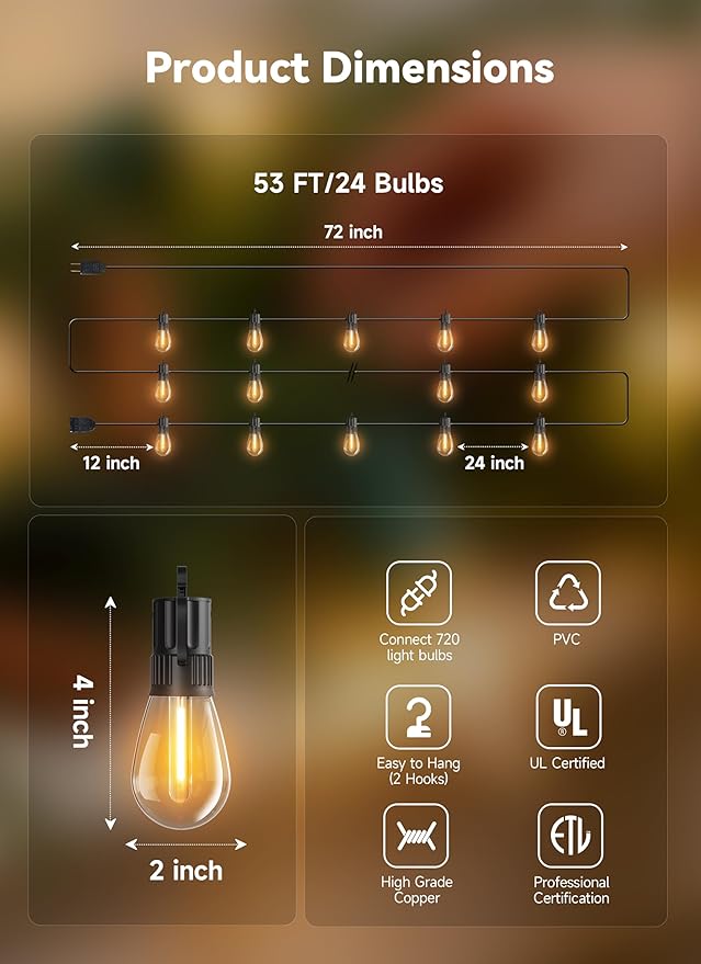 Minetom 53FT Outdoor String LED Patio Lights Waterproof, 24 Shatterproof S14 - Image 8