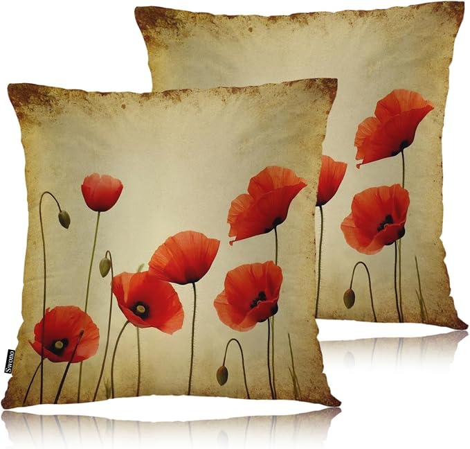 Swono Poppies Throw Pillow Cases, Grunge Poppy Flower Field Set of 2 Decorative by Swono
