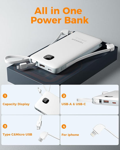 Portable Charger with Built in Cables, TESSAN 10000mAh Power Bank Fast Charging - Image 6