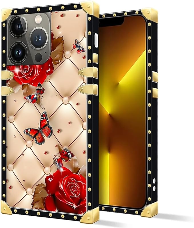 Compatible with iPhone 13 Pro Max Case, Shining Red Rose Butterfly Leather - Image 2