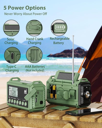 Emergency Weather Radio, Hand Crank 12000mAh Battery Powered Auto Alert NOAA - Image 5
