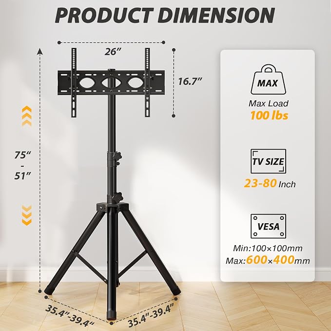 TVON TV Tripod Stand for 23-80 inch Flat Screen/Curved TVs, Portable TV Stand - Image 7