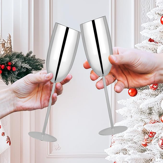 TJ Champagne Glasses Set of 2 Stainless Steel Champagne Flutes 8.5 oz - Image 6
