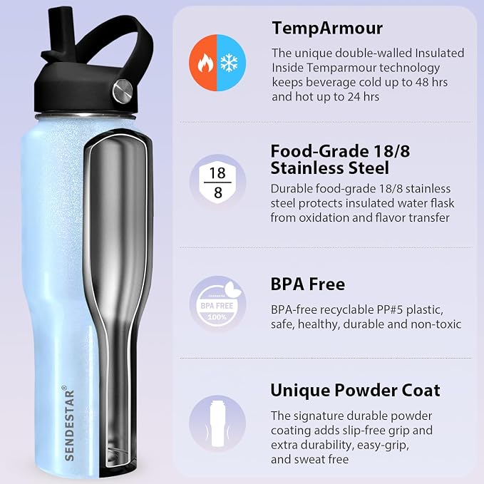 SENDESTAR 32oz Stainless Steel Water Bottle, Double Wall Vacuum Insulated Bottle - Image 4