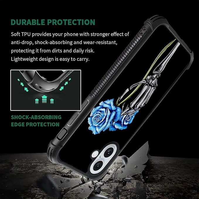 for iPhone 16 Case, Skeleton Holding Blue Rose Pattern Graphic Design Girl Boy - Image 2