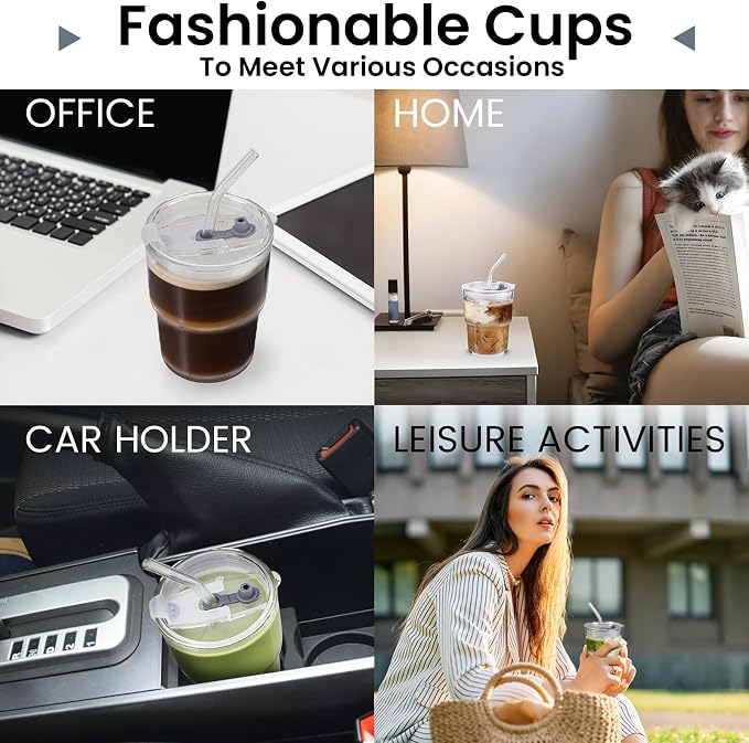 Glass Cups With Lids And Straws, Matcha Cup, Iced Coffee Cup, 13Oz/400ml Iced - Image 5