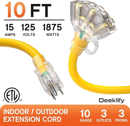 10 ft 10 Gauge Heavy Duty 3 Outlet Extension Cord Splitter - Image 2