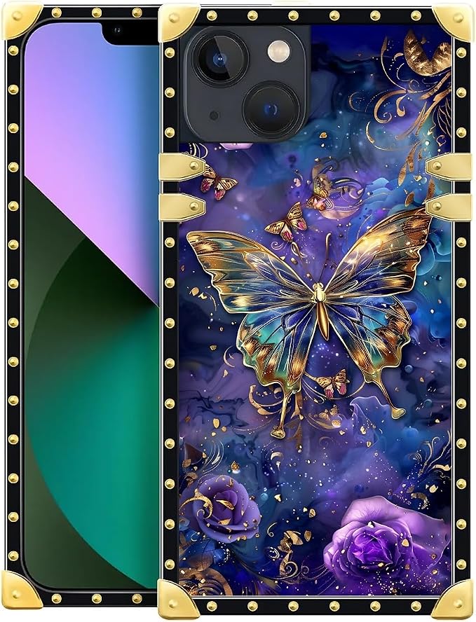 Compatible with iPhone 13 Case, Glistening Golden Butterfly Vibrant Purple Blue by Unknown