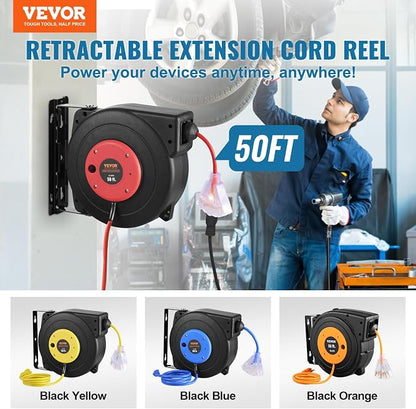 VEVOR Retractable Extension Cord Reel, 50 FT, Heavy Duty 14AWG/3C SJTOW - Image 2