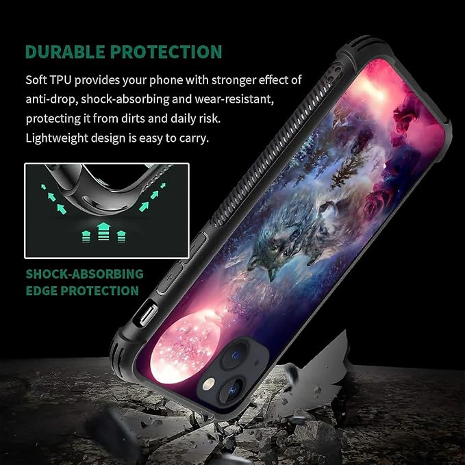 for iPhone 13 Mini Case, Star Two Wolfs Howling Pattern Graphic Design Girl Boy - Image 2