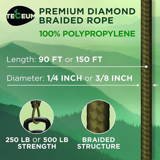 TECEUM Rope – 90 Feet x 3/8 Inch – Army Green – Strong All-Purpose Utility Rope - Image 2