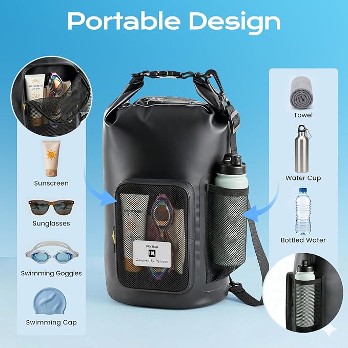 20L Waterproof Dry Bag with Bottle Holder & Mesh Pocket, 500D PVC Tarpaulin - Image 4