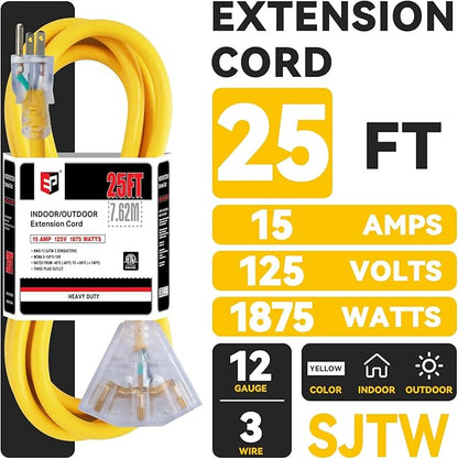 EP 2 Pack 25 Ft 12 Gauge Heavy Duty Extension Cord, 15A 125V 1875W, 3 Outlet - Image 2