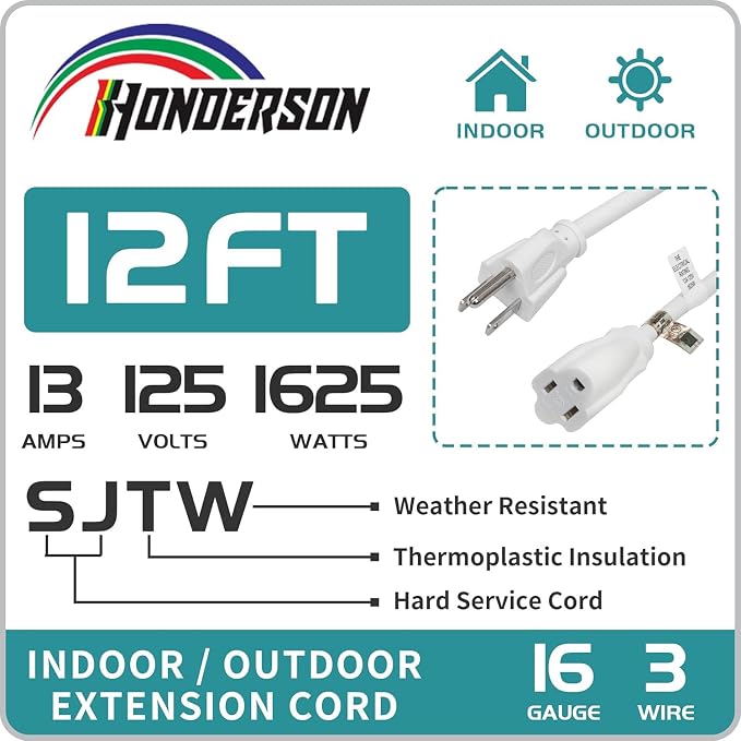 Indoor Outdoor Extension Cord Weatherproof, UL Certified, 16 Gauge 12FT White 3 - Image 3