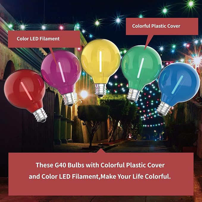 Meconard 25 Pack G40 Colored LED String Light Bulbs, E12/C7 Candelabra Base - Image 5