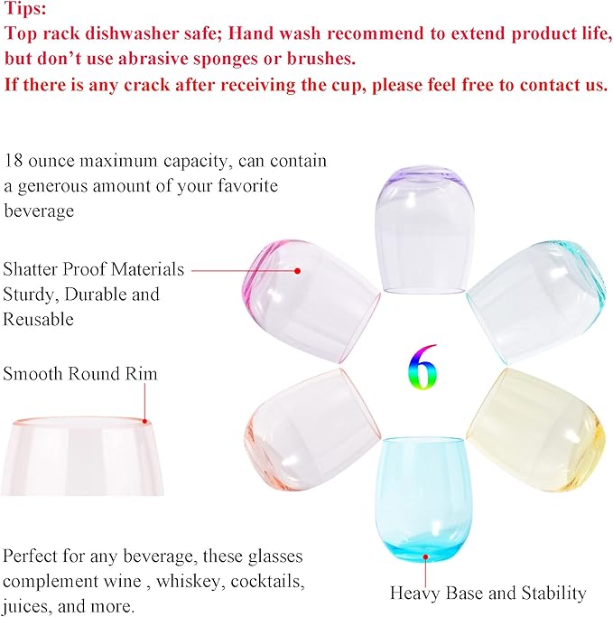 KOXIN-KARLU Classic 18-ounce Acrylic Stemless Wine Glasses, Unbreakable Mixed - Image 3