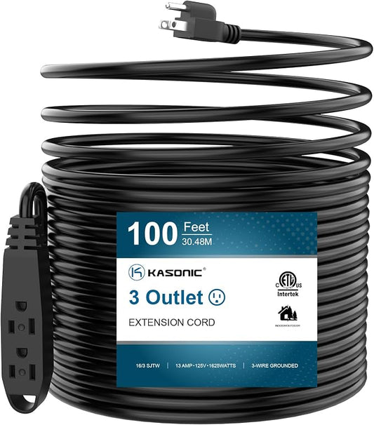 K KASONIC - 100-Feet 3 Outlet Extension Cord, UL Listed, 16/3 SJTW 3-Wire by KASONIC