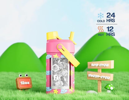 12 oz Kids Water Bottle for Girls: Leakproof, Durable Straw Spout Lid, 24H Cold - Image 4