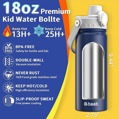 baab 18oz Kids Water Bottle, Insulated Kids Water Bottle - Image 2