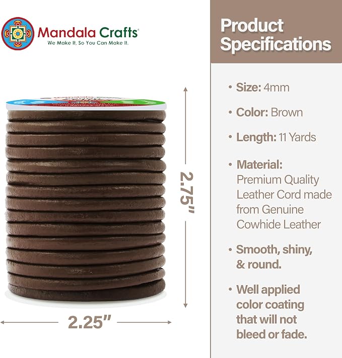 Mandala Crafts Round Cowhide Genuine Brown Leather Cord - Image 4