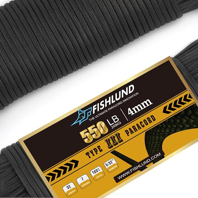 Paracord 550 lb, 7 Strand Paracord Rope 50ft 4mm, Nylon Parachute Cord by FISHLUND