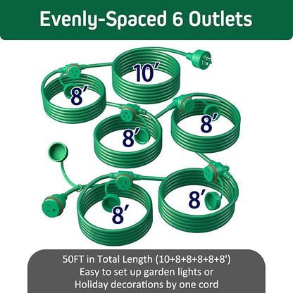 50FT Green Outdoor Extension Cord, Evenly Spaced 6 Outlets Plugs - Image 2