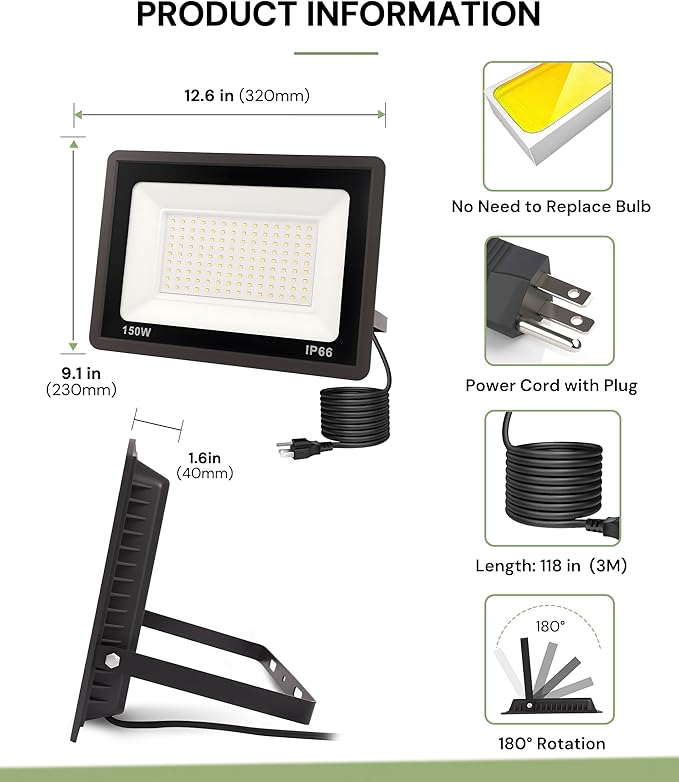 L LOHAS LED Flood Lights Outdoor, 150W Dusk to Dawn Outdoor Lighting, IP66 - Image 7