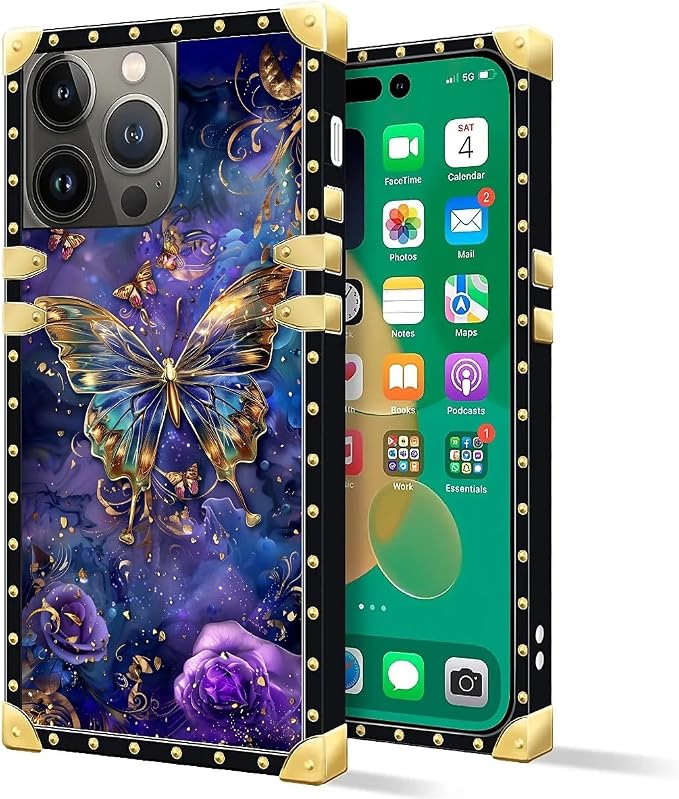 Compatible with iPhone 14 Pro Case, Glistening Golden Butterfly Vibrant Purple - Image 2